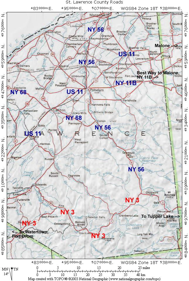 St Lawrence County road map showing Potsdam, Canton, Cranberry Lake, Wanakena, Sevey, Childwold, Massena. Ogdensburg and Malone